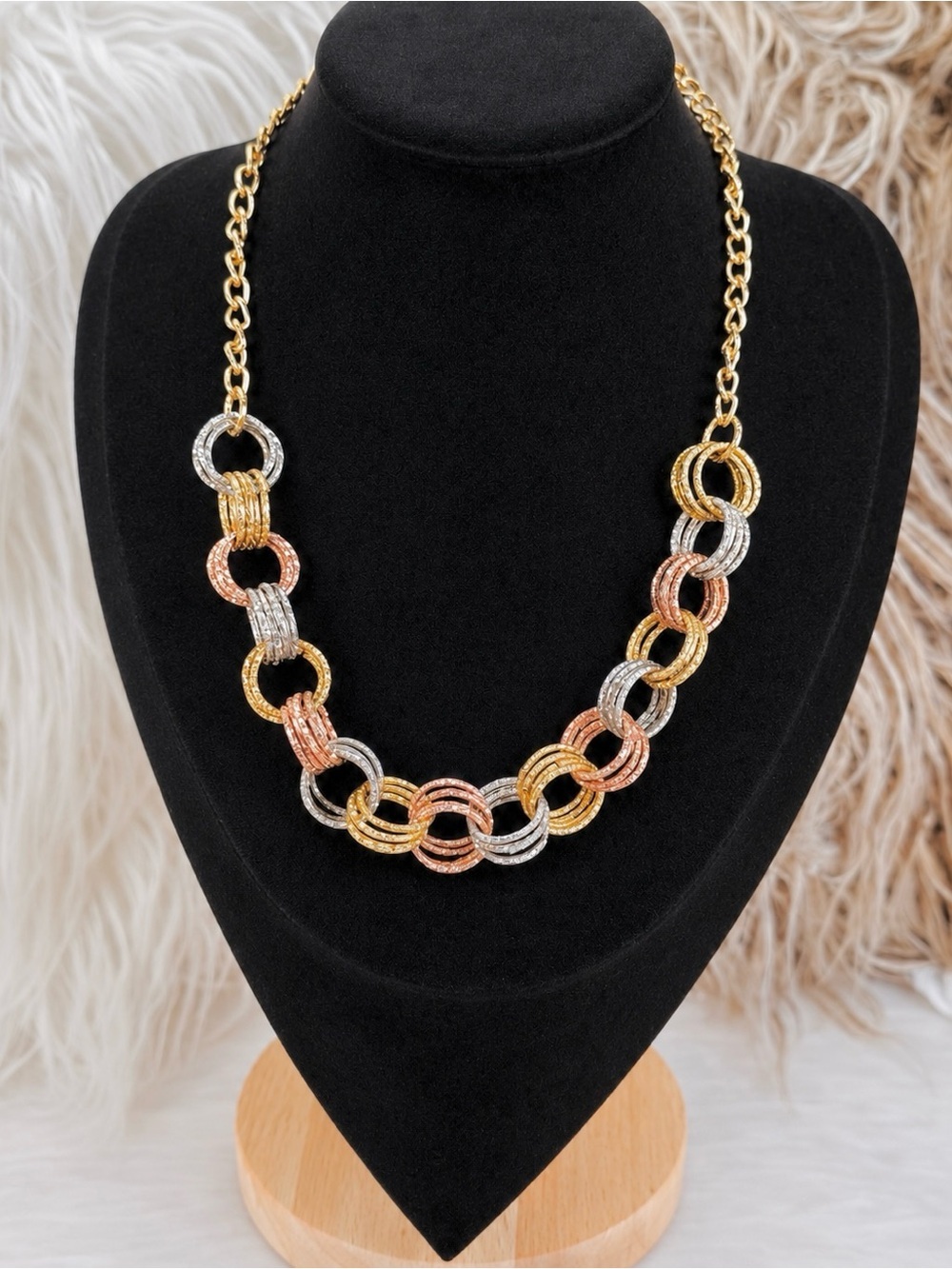 Vintage Tri Tone Textured Multi Ring Link Statement Necklace